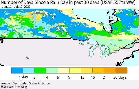 Canada Number of Days Since a Rain Day in past 30 days (USAF 557th WW) Thematic Map For 7/6/2022 - 7/10/2022