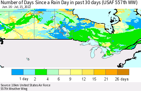 Canada Number of Days Since a Rain Day in past 30 days (USAF 557th WW) Thematic Map For 7/11/2022 - 7/15/2022