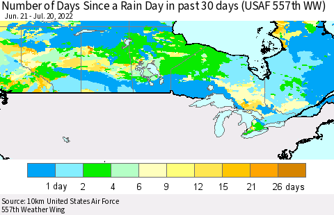 Canada Number of Days Since a Rain Day in past 30 days (USAF 557th WW) Thematic Map For 7/16/2022 - 7/20/2022