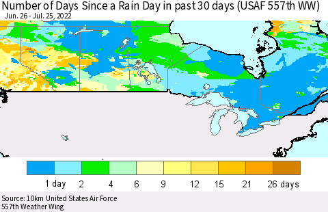 Canada Number of Days Since a Rain Day in past 30 days (USAF 557th WW) Thematic Map For 7/21/2022 - 7/25/2022