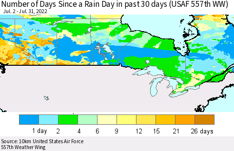 Canada Number of Days Since a Rain Day in past 30 days (USAF 557th WW) Thematic Map For 7/26/2022 - 7/31/2022
