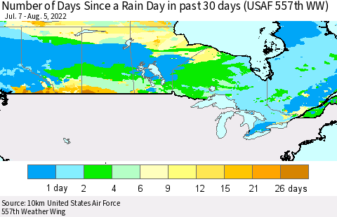 Canada Number of Days Since a Rain Day in past 30 days (USAF 557th WW) Thematic Map For 8/1/2022 - 8/5/2022