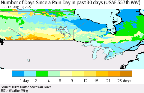 Canada Number of Days Since a Rain Day in past 30 days (USAF 557th WW) Thematic Map For 8/6/2022 - 8/10/2022