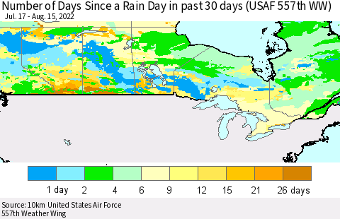 Canada Number of Days Since a Rain Day in past 30 days (USAF 557th WW) Thematic Map For 8/11/2022 - 8/15/2022