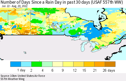 Canada Number of Days Since a Rain Day in past 30 days (USAF 557th WW) Thematic Map For 8/16/2022 - 8/20/2022