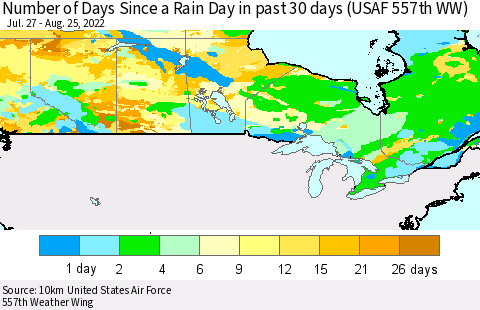 Canada Number of Days Since a Rain Day in past 30 days (USAF 557th WW) Thematic Map For 8/21/2022 - 8/25/2022