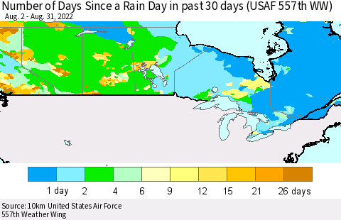 Canada Number of Days Since a Rain Day in past 30 days (USAF 557th WW) Thematic Map For 8/26/2022 - 8/31/2022