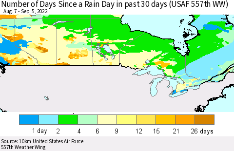 Canada Number of Days Since a Rain Day in past 30 days (USAF 557th WW) Thematic Map For 9/1/2022 - 9/5/2022