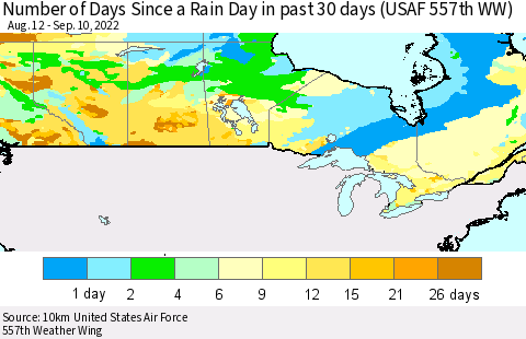 Canada Number of Days Since a Rain Day in past 30 days (USAF 557th WW) Thematic Map For 9/6/2022 - 9/10/2022