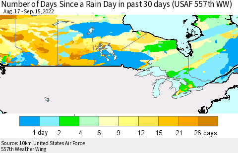 Canada Number of Days Since a Rain Day in past 30 days (USAF 557th WW) Thematic Map For 9/11/2022 - 9/15/2022