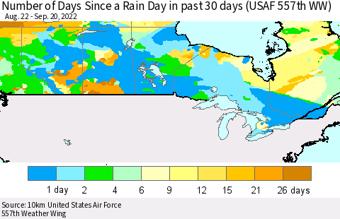 Canada Number of Days Since a Rain Day in past 30 days (USAF 557th WW) Thematic Map For 9/16/2022 - 9/20/2022