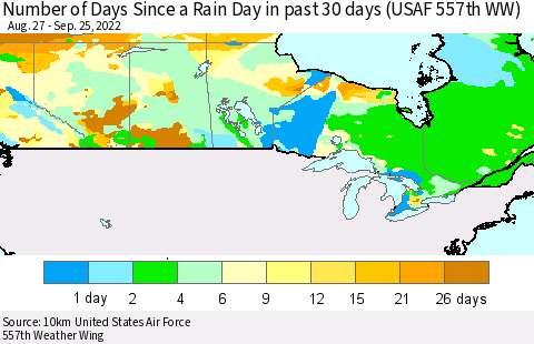 Canada Number of Days Since a Rain Day in past 30 days (USAF 557th WW) Thematic Map For 9/21/2022 - 9/25/2022