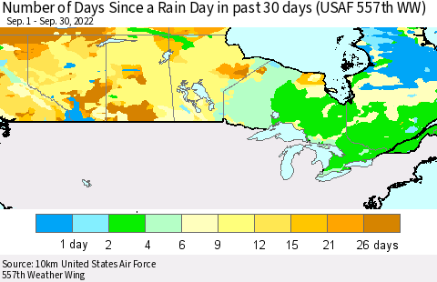 Canada Number of Days Since a Rain Day in past 30 days (USAF 557th WW) Thematic Map For 9/26/2022 - 9/30/2022