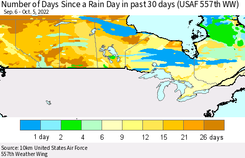 Canada Number of Days Since a Rain Day in past 30 days (USAF 557th WW) Thematic Map For 10/1/2022 - 10/5/2022