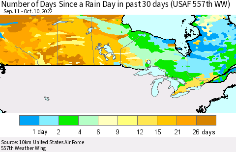 Canada Number of Days Since a Rain Day in past 30 days (USAF 557th WW) Thematic Map For 10/6/2022 - 10/10/2022