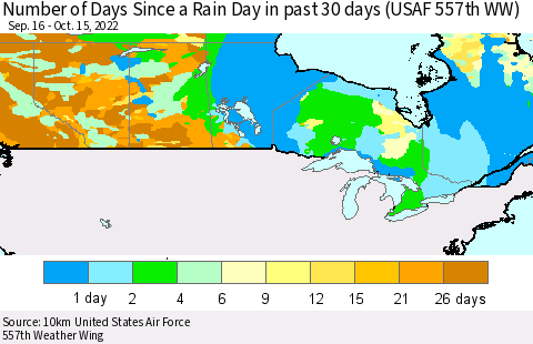 Canada Number of Days Since a Rain Day in past 30 days (USAF 557th WW) Thematic Map For 10/11/2022 - 10/15/2022