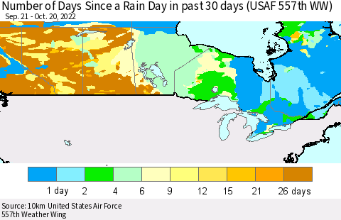 Canada Number of Days Since a Rain Day in past 30 days (USAF 557th WW) Thematic Map For 10/16/2022 - 10/20/2022