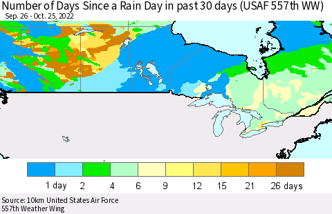 Canada Number of Days Since a Rain Day in past 30 days (USAF 557th WW) Thematic Map For 10/21/2022 - 10/25/2022