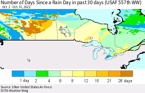 Canada Number of Days Since a Rain Day in past 30 days (USAF 557th WW) Thematic Map For 10/26/2022 - 10/31/2022