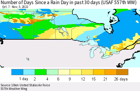 Canada Number of Days Since a Rain Day in past 30 days (USAF 557th WW) Thematic Map For 11/1/2022 - 11/5/2022