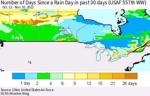 Canada Number of Days Since a Rain Day in past 30 days (USAF 557th WW) Thematic Map For 11/6/2022 - 11/10/2022
