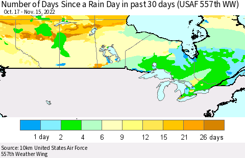 Canada Number of Days Since a Rain Day in past 30 days (USAF 557th WW) Thematic Map For 11/11/2022 - 11/15/2022