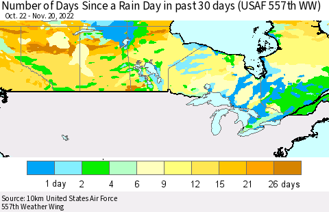 Canada Number of Days Since a Rain Day in past 30 days (USAF 557th WW) Thematic Map For 11/16/2022 - 11/20/2022
