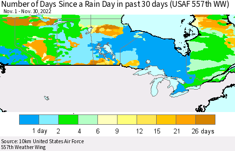 Canada Number of Days Since a Rain Day in past 30 days (USAF 557th WW) Thematic Map For 11/26/2022 - 11/30/2022