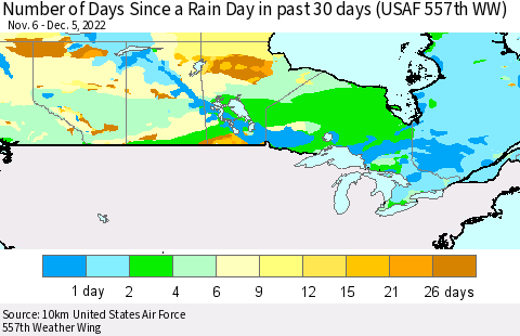 Canada Number of Days Since a Rain Day in past 30 days (USAF 557th WW) Thematic Map For 12/1/2022 - 12/5/2022