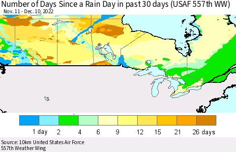 Canada Number of Days Since a Rain Day in past 30 days (USAF 557th WW) Thematic Map For 12/6/2022 - 12/10/2022