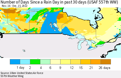 Canada Number of Days Since a Rain Day in past 30 days (USAF 557th WW) Thematic Map For 12/11/2022 - 12/15/2022