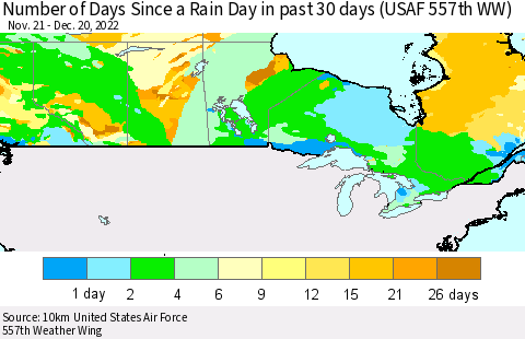 Canada Number of Days Since a Rain Day in past 30 days (USAF 557th WW) Thematic Map For 12/16/2022 - 12/20/2022