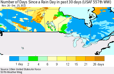 Canada Number of Days Since a Rain Day in past 30 days (USAF 557th WW) Thematic Map For 12/21/2022 - 12/25/2022