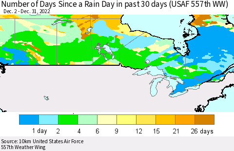 Canada Number of Days Since a Rain Day in past 30 days (USAF 557th WW) Thematic Map For 12/26/2022 - 12/31/2022