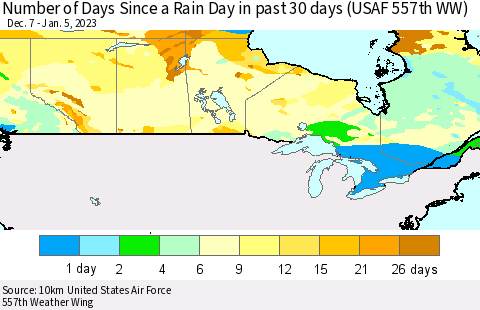 Canada Number of Days Since a Rain Day in past 30 days (USAF 557th WW) Thematic Map For 1/1/2023 - 1/5/2023