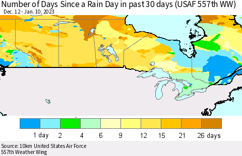 Canada Number of Days Since a Rain Day in past 30 days (USAF 557th WW) Thematic Map For 1/6/2023 - 1/10/2023