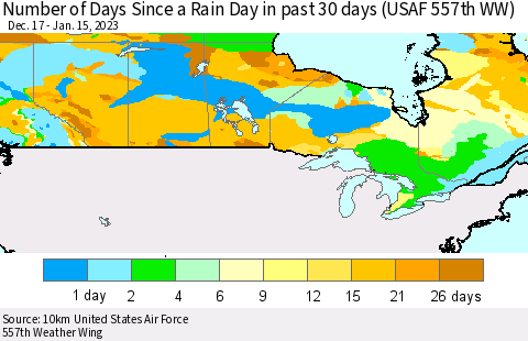 Canada Number of Days Since a Rain Day in past 30 days (USAF 557th WW) Thematic Map For 1/11/2023 - 1/15/2023