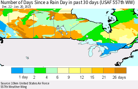 Canada Number of Days Since a Rain Day in past 30 days (USAF 557th WW) Thematic Map For 1/16/2023 - 1/20/2023