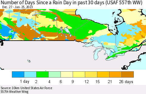 Canada Number of Days Since a Rain Day in past 30 days (USAF 557th WW) Thematic Map For 1/21/2023 - 1/25/2023