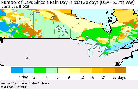 Canada Number of Days Since a Rain Day in past 30 days (USAF 557th WW) Thematic Map For 1/26/2023 - 1/31/2023