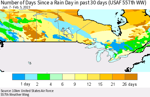 Canada Number of Days Since a Rain Day in past 30 days (USAF 557th WW) Thematic Map For 2/1/2023 - 2/5/2023