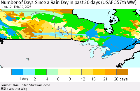 Canada Number of Days Since a Rain Day in past 30 days (USAF 557th WW) Thematic Map For 2/6/2023 - 2/10/2023