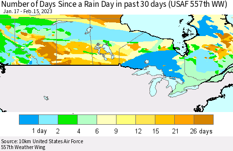 Canada Number of Days Since a Rain Day in past 30 days (USAF 557th WW) Thematic Map For 2/11/2023 - 2/15/2023