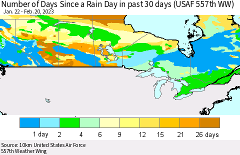Canada Number of Days Since a Rain Day in past 30 days (USAF 557th WW) Thematic Map For 2/16/2023 - 2/20/2023