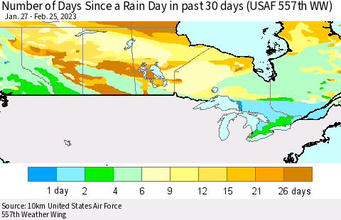 Canada Number of Days Since a Rain Day in past 30 days (USAF 557th WW) Thematic Map For 2/21/2023 - 2/25/2023
