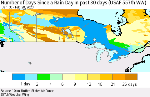 Canada Number of Days Since a Rain Day in past 30 days (USAF 557th WW) Thematic Map For 2/26/2023 - 2/28/2023