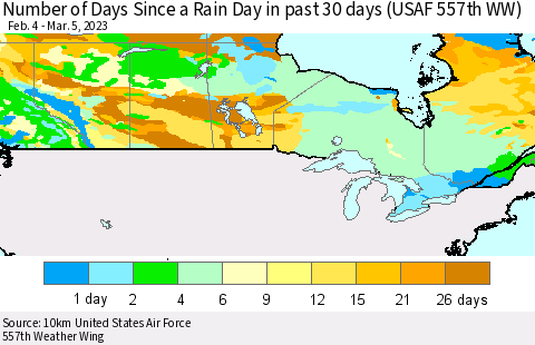 Canada Number of Days Since a Rain Day in past 30 days (USAF 557th WW) Thematic Map For 3/1/2023 - 3/5/2023