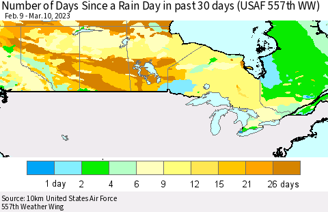 Canada Number of Days Since a Rain Day in past 30 days (USAF 557th WW) Thematic Map For 3/6/2023 - 3/10/2023