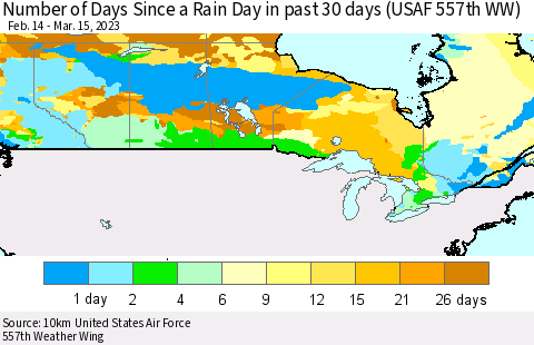 Canada Number of Days Since a Rain Day in past 30 days (USAF 557th WW) Thematic Map For 3/11/2023 - 3/15/2023