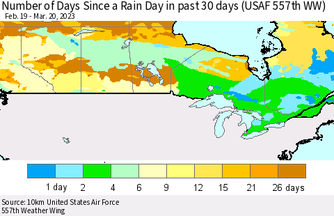 Canada Number of Days Since a Rain Day in past 30 days (USAF 557th WW) Thematic Map For 3/16/2023 - 3/20/2023